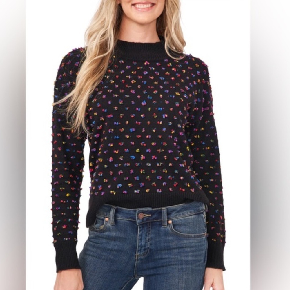 CeCe Women’s Black Confetti Knit Mock Neck‎ Long Sleeve Pullover Sweater